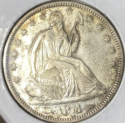 1874 Seated Liberty Half Dollar W/ Arrows BU+ Rainbow Toned Rare