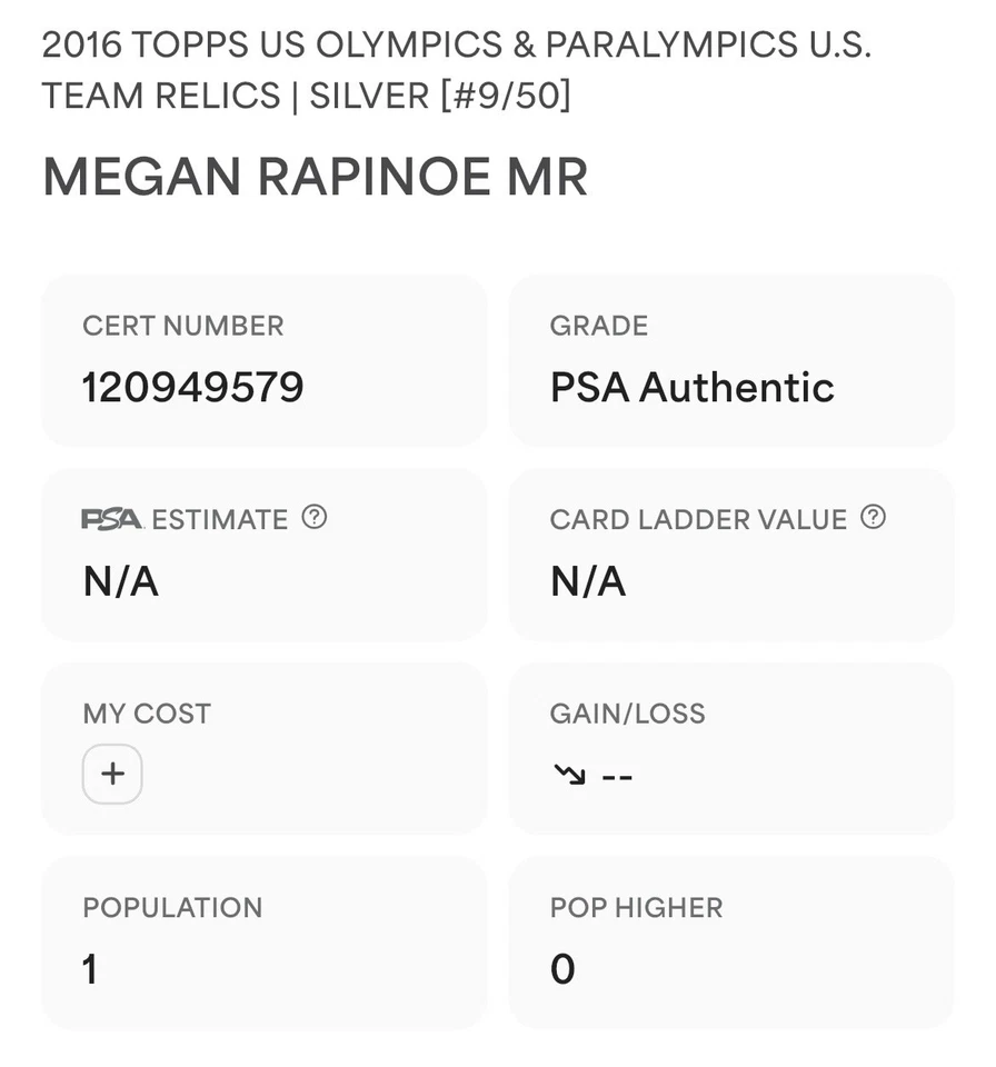 Megan Rapinoe Signed 2016 Topps USA Olympics Team Relic /50 PSA Slab POP 1 - Image 3 of 3