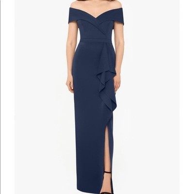 Xscape Navy Blue Off-the-Shoulder Portrait Neckline Ruffle Formal Gown Dress 6