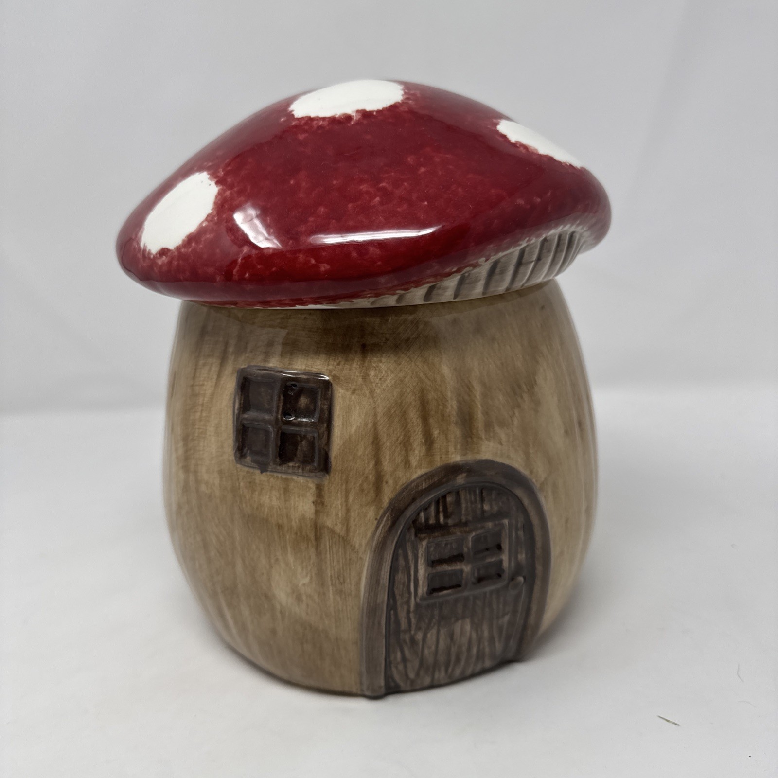 Tarro de galletas de setas Cottagecore con tapa de goma con puerta y ventana