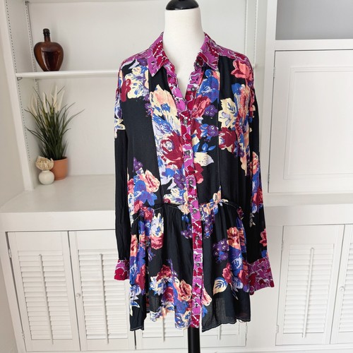 Free People Black Brunch a Bunch Floral Tunic Top Size M
