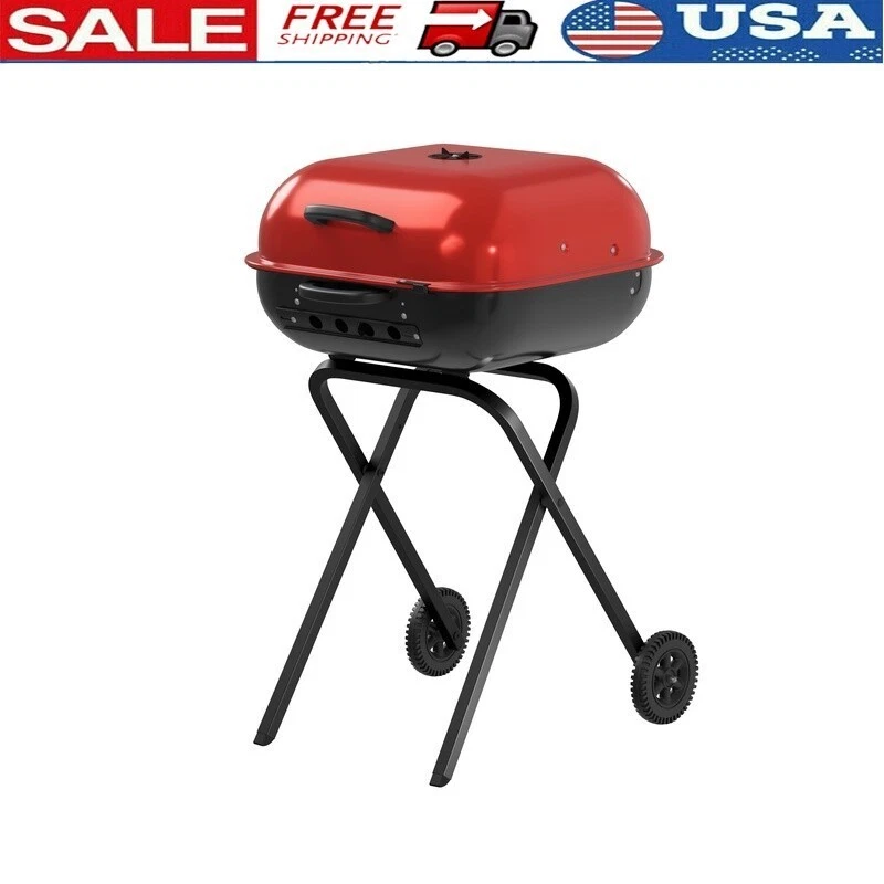 Portable Charcoal Grill Pre-Assembled Folding Legs Locking Hood Outdoor Cooking