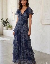 Chaps Navy/White Floral Tiered Maxi Dress. Size 8.