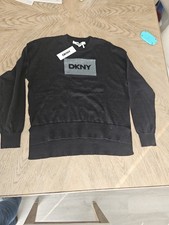 NWOT DKNY women's logo crewneck sweater with a rhinestone logo Size S. BLACK...
