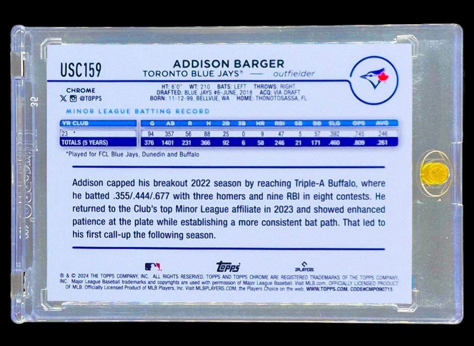 ADDISON BARGER SILVER CHECKERBOARD ROOKIE REFRACTOR HOLO Chrome Non Auto TORONTO - Image 4 of 4