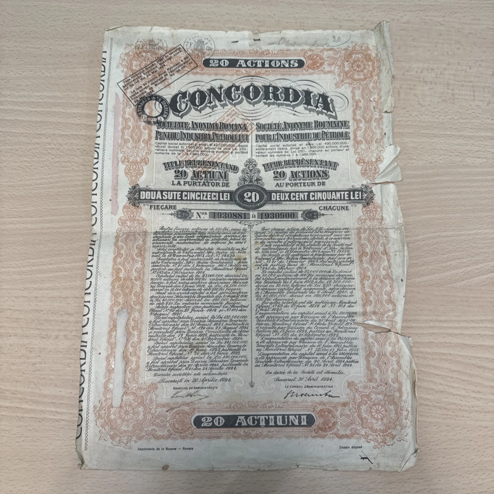 Action Concordia 20 Actions Deux Cent Cinquante Lei Societe Anonyme Roumaine