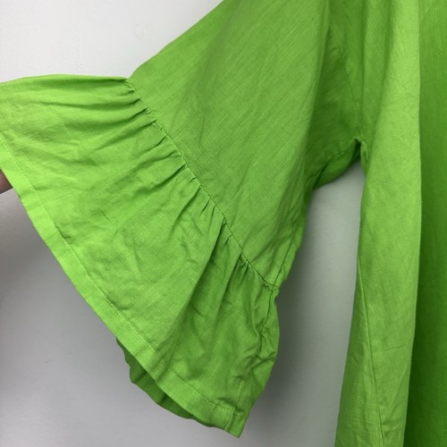 Match Point size Medium Women’s Bright Green Linen Bell Sleeve Lagenlook Top - Picture 4 of 7
