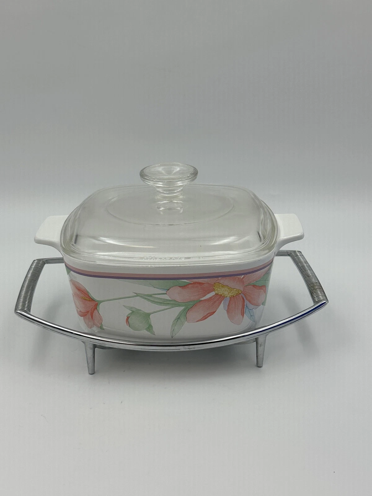 Corning Ware Peony A-1 1/2-B 1.5 Liter Floral Square Casserole W/ Lid & Cradle