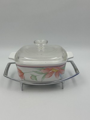 Corning Ware Peony A-1 1/2-B 1.5 Liter Floral Square Casserole W/ Lid & Cradle