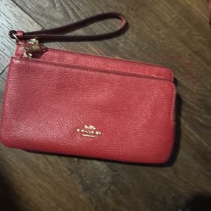 COACH Red Pebble Leather Double Zip Wallet Wristlet Phone Case w Gold Hardware