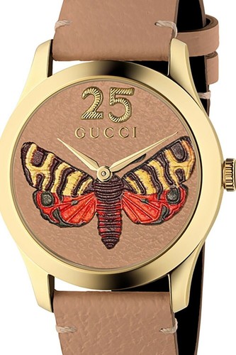 GUCCI WATCH YA1264063 G-TIMELESS MOTH GOLD PVD & BROWN LEATHER 38mm $1,100 - Picture 4 of 12