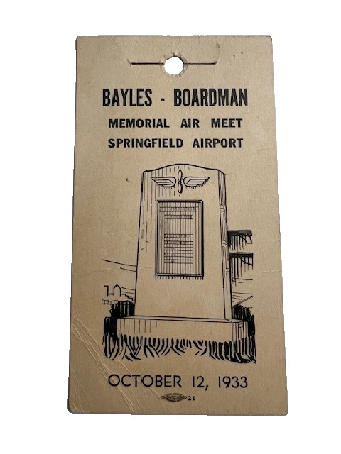 1933 BAYLES BOARDMAN MEMORIAL ART MEET SPRINGFIELD AIRPORT PASS TAG - #1174