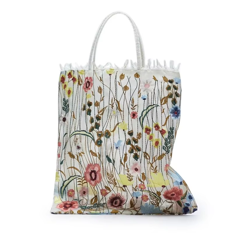 Embroidered Lace Flower Shoulder Bag Women Handmade Mesh Shopping Bag Retro Art