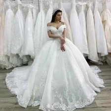 Luxury Wedding Dress Off Shoulder Tulle Applique Beaded A Line Bridal Gown Train