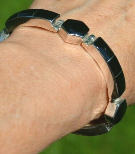Vintage Modernist 925 Silver 7 1/2'' Black Onyx Inlay Hexagon/Bars Bracelet 41G - Picture 2 of 7