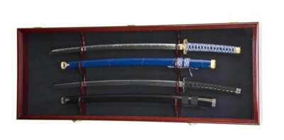 Sword Display Case 4 Slot Oak & Black NCO USMC Saber Blade Katana
