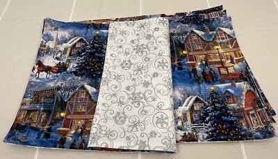 Christmas Reversible Placemats Town Horse Drawn Carriage Silver Snowflake Set 4