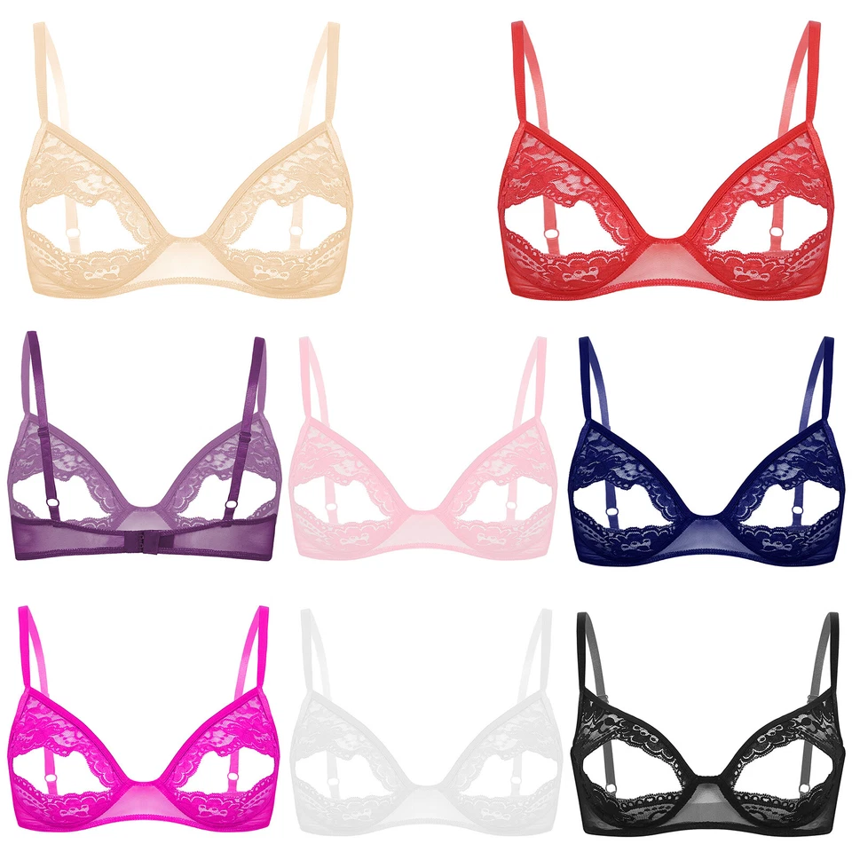 Sujetador con estante bralette sin alambres frente abierto de encaje floral transparente para mujeres de EE. UU. Ropa interior Foto 3 de 4