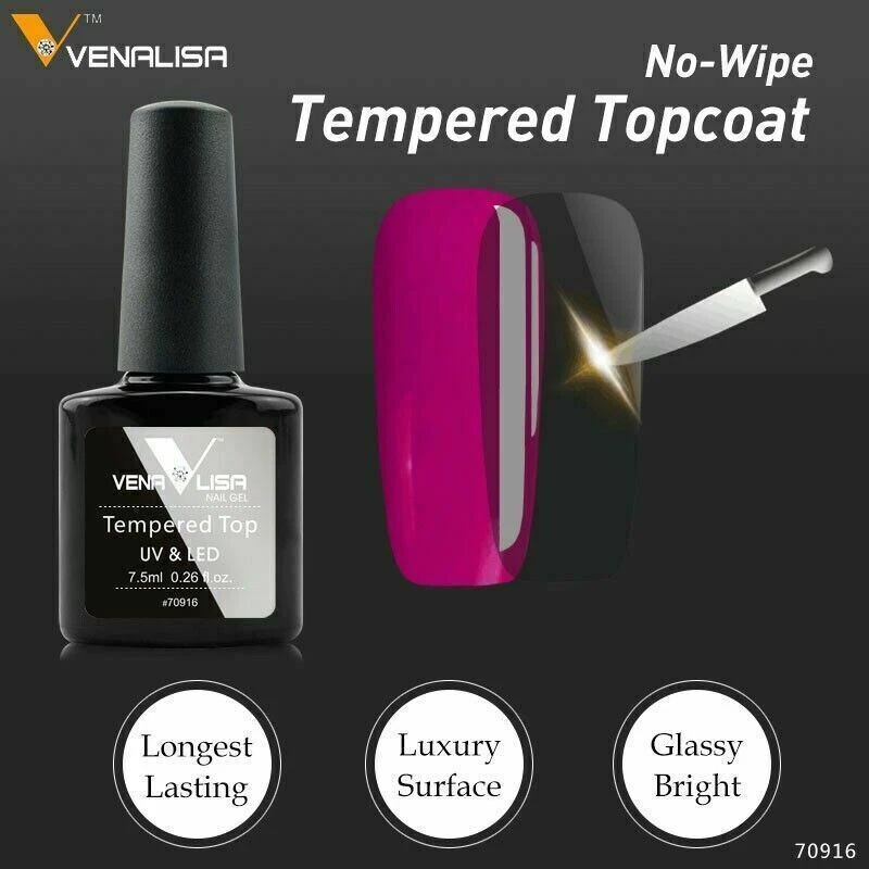 VENALISA NO-STICKY NO WIPE TEMPERED GLASS TOP COAT UV LED GEL NAIL POLISH UK
