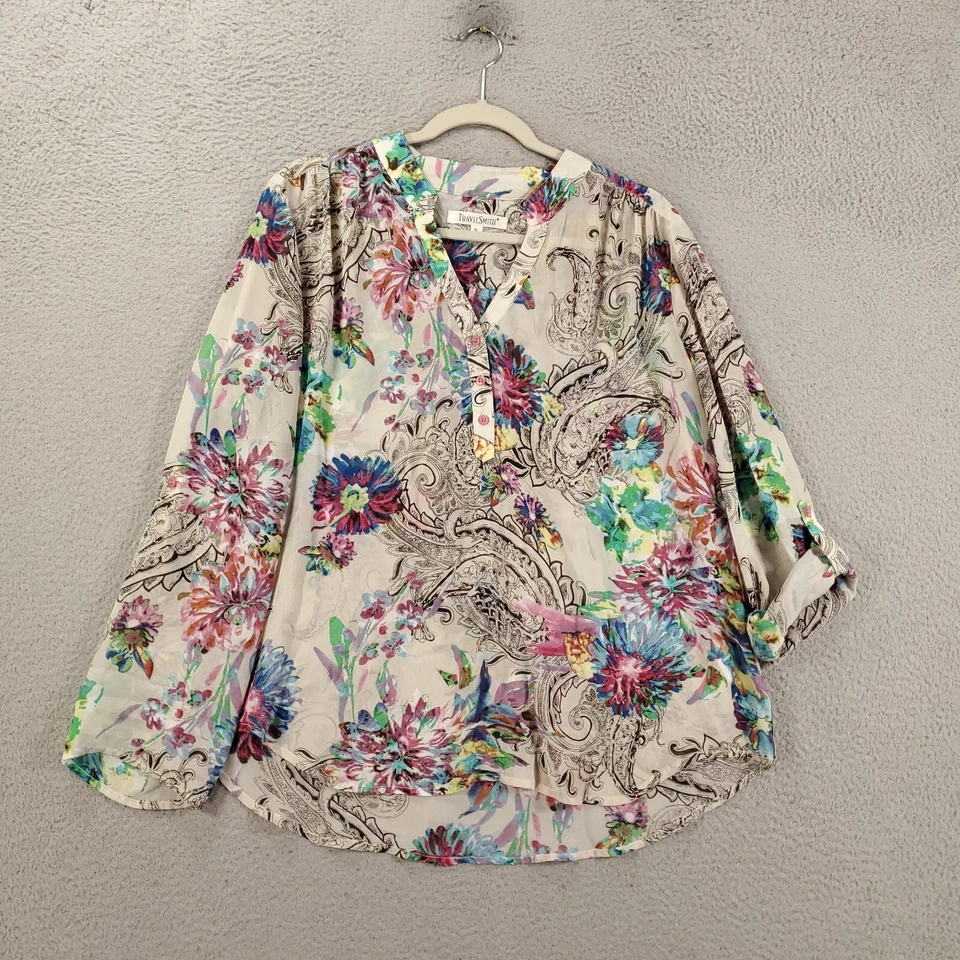 Blusa TravelSmith Feminina XL Arco-íris Aquarela Floral Paisley Transparente Top - Imagem 2 de 4