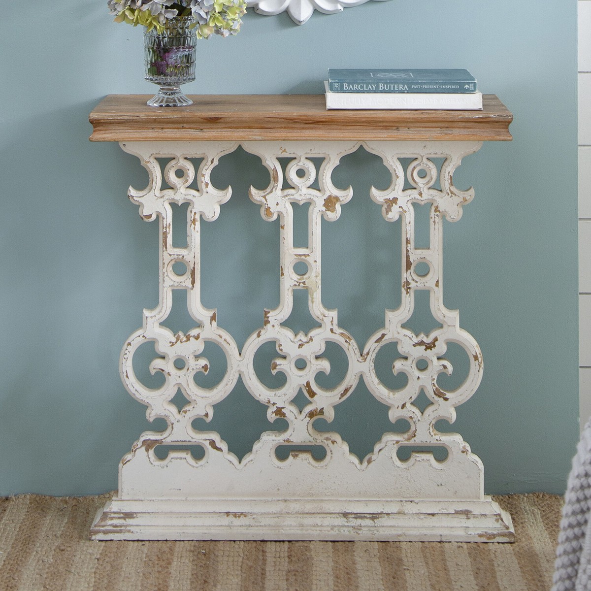 Distressed Console Table Greek Key Apron Distressed Console Table