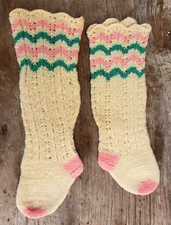 Antique 1900 Socks WOOL HandMade CROCHET Knit CHILD Stockings CREAM 10” AMISH #2