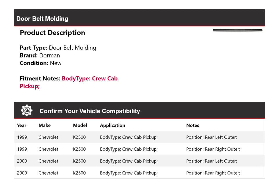 Moldura de cinturón de puerta para Chevrolet K2500 1999-2000 doble cabina Dorman Foto 2 de 4