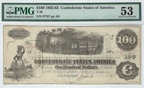 T-40 PF-20 1863 $100 Confederate Paper Money - Maj McElrath QM - PMG 53!! - Picture 2 of 3