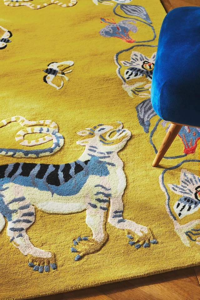 Vintage Tufted Wool Silk Rug Yellow Floral Tiger Snake Design Handmade - Image 2 of 4