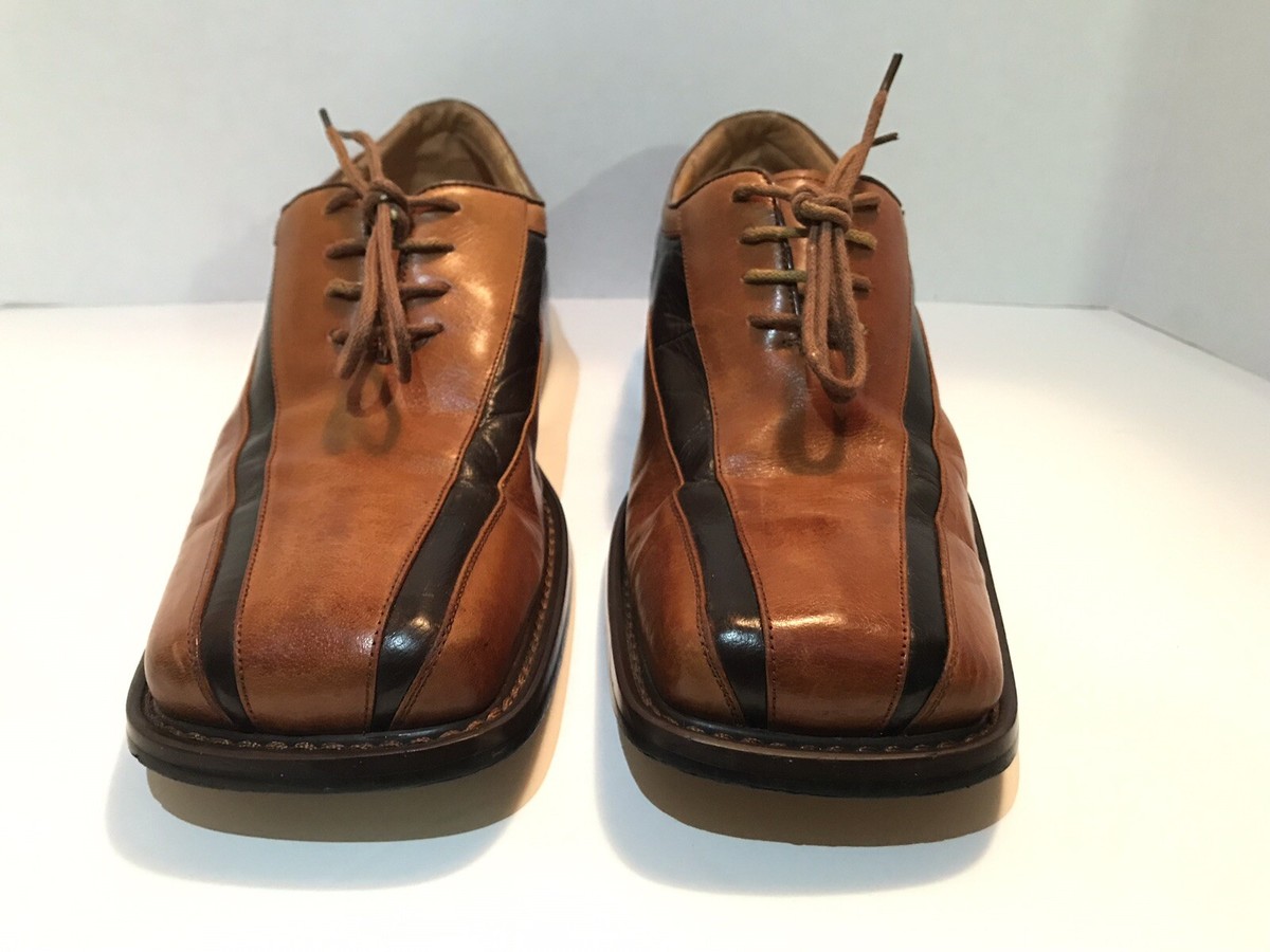 Zota Mens Pleated Oxford Shoes Square Bicycle Toe 2 Tone Brown