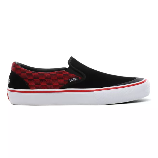 black and red vans slip on