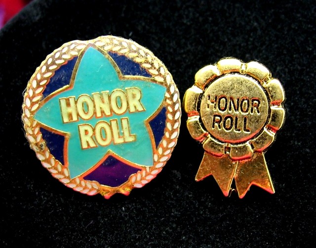 PAIR of HONOR ROLL AWARD PINS Vintage, Goldtone Pinbacks, Post Backs