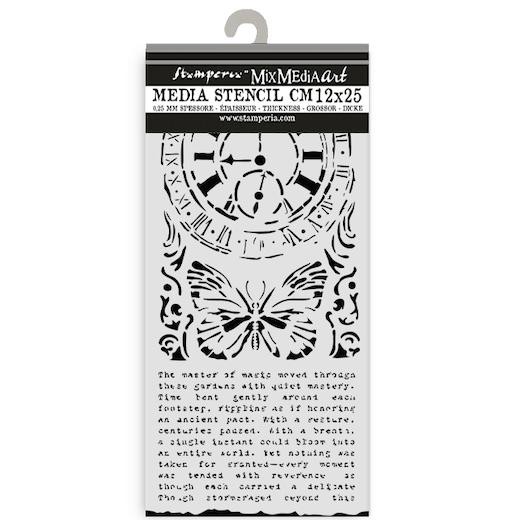 Stamperia Mix Media Art Stencil 12x25cm - Gardens of Time Clock & Butterfly