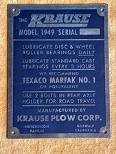 Vintage Krause Plow Corp Brass Equipment Identification Maintenance Plate 1949