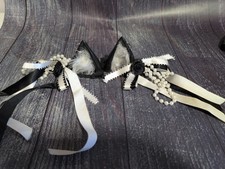 RARE Anime Cat Ears w/ Ribbons Pearls Black Rose Piercings Fur Headband Cosplay