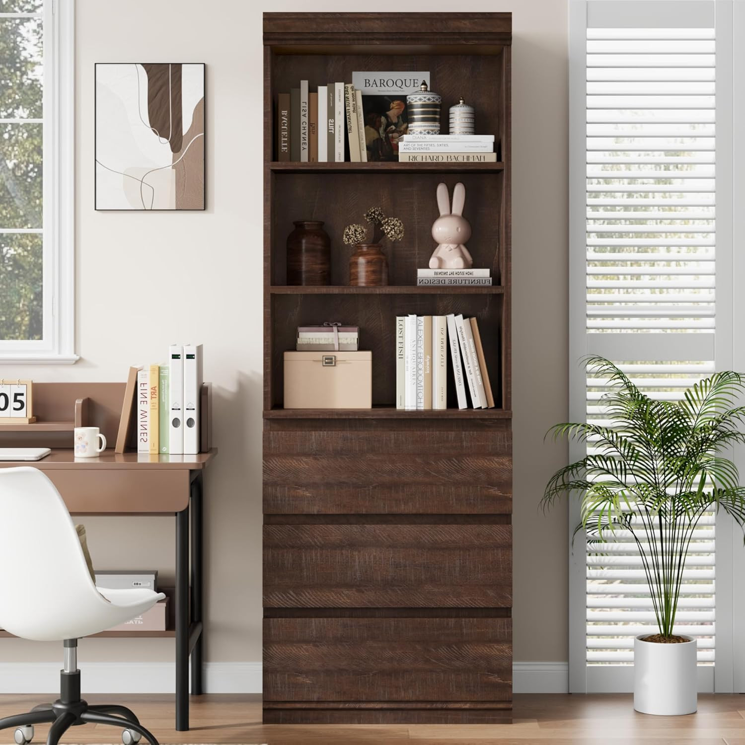 Stylish 70" Tall Brown Bookcase with 3 Drawers & 3 Open Shelves