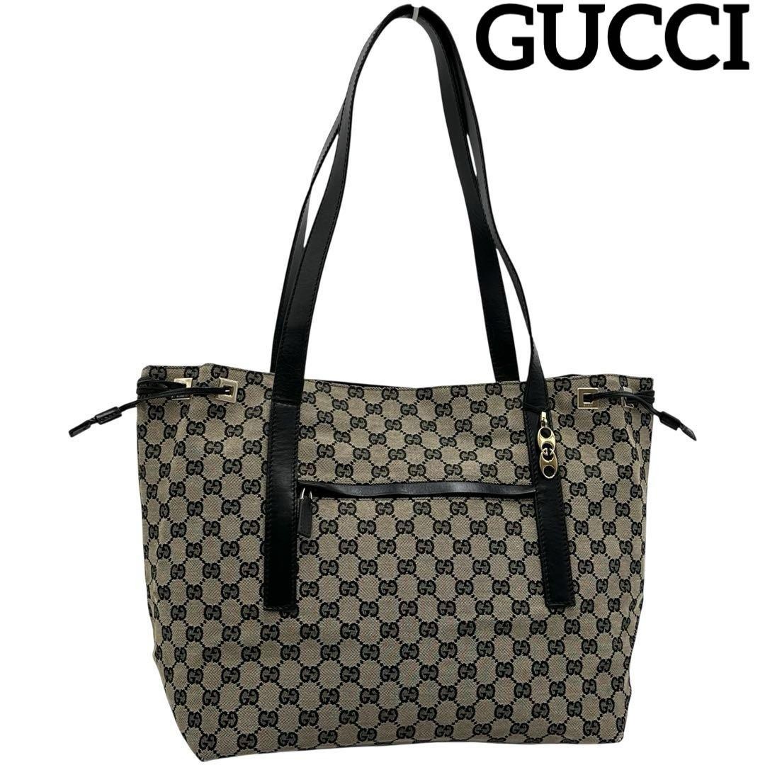 Rare GUCCI GG Canvas Tote Shoulder Bag 2-Way Gray Black Leather Women