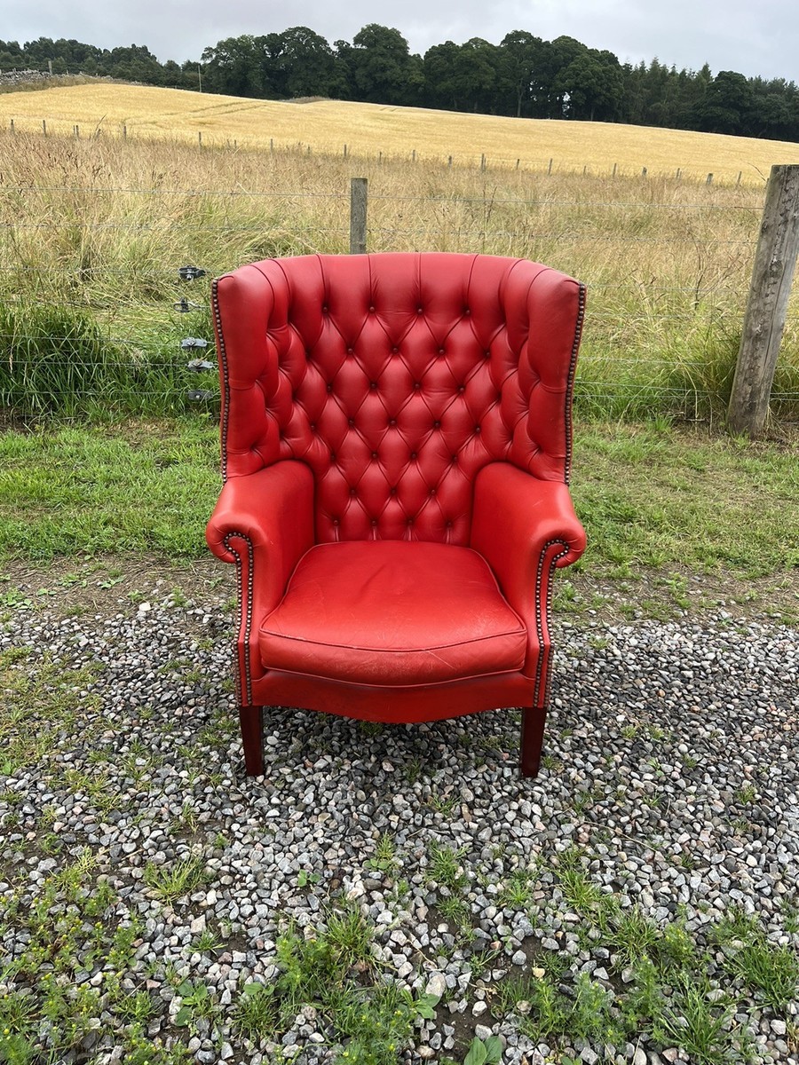 A Vintage Red Leather Chesterfield Barrel Back Armchair Porters