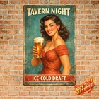 Retro Pinup Girl Holding Beer Vintage Tin Sign 8x12 Metal Home Wall Decor