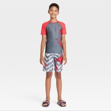 MARVEL SPIDER-MAN Boys 2-Piece Matching Swim Trunks  Rash Guard  Size M  L