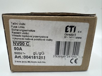 ETI NV00 C 50A 500V gL/gG NH Fuse Links 3-Pack
