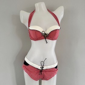AGENT PROVOCATEUR Red Gingham CALAMITY Cowgirl Swim Bikini Bra Top Shorts 36C L