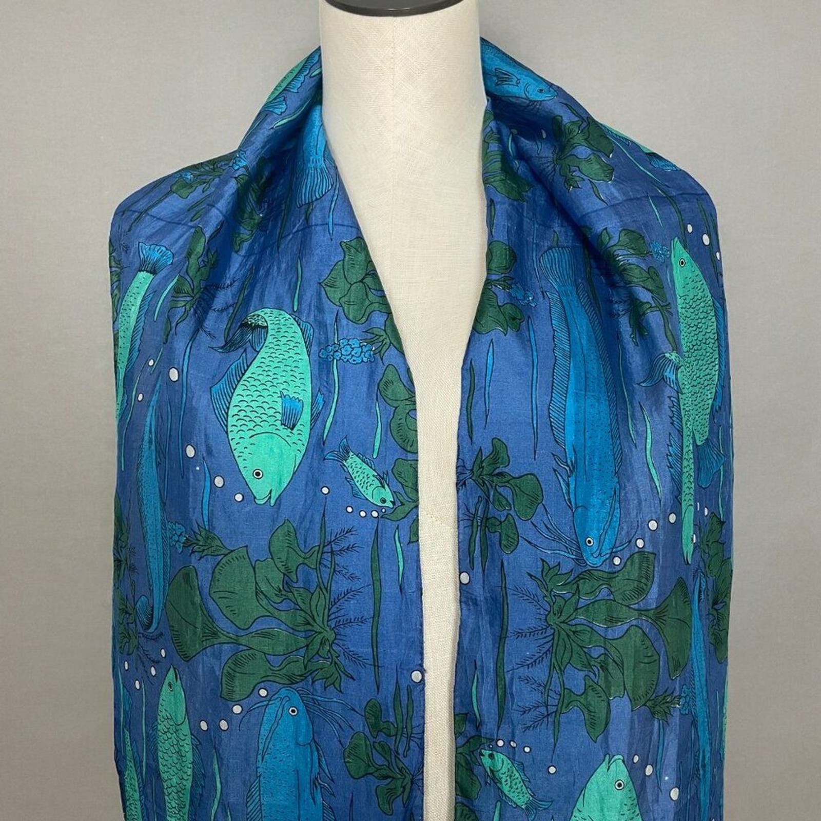 Fish Scarf Rectangular Long Blue Green Eclectic A… - image 4