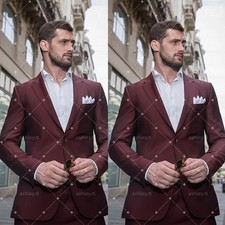 Burgundy Men's Suits Slim Fit 2 Piece Wedding Party Formal Blazer Trousers Set