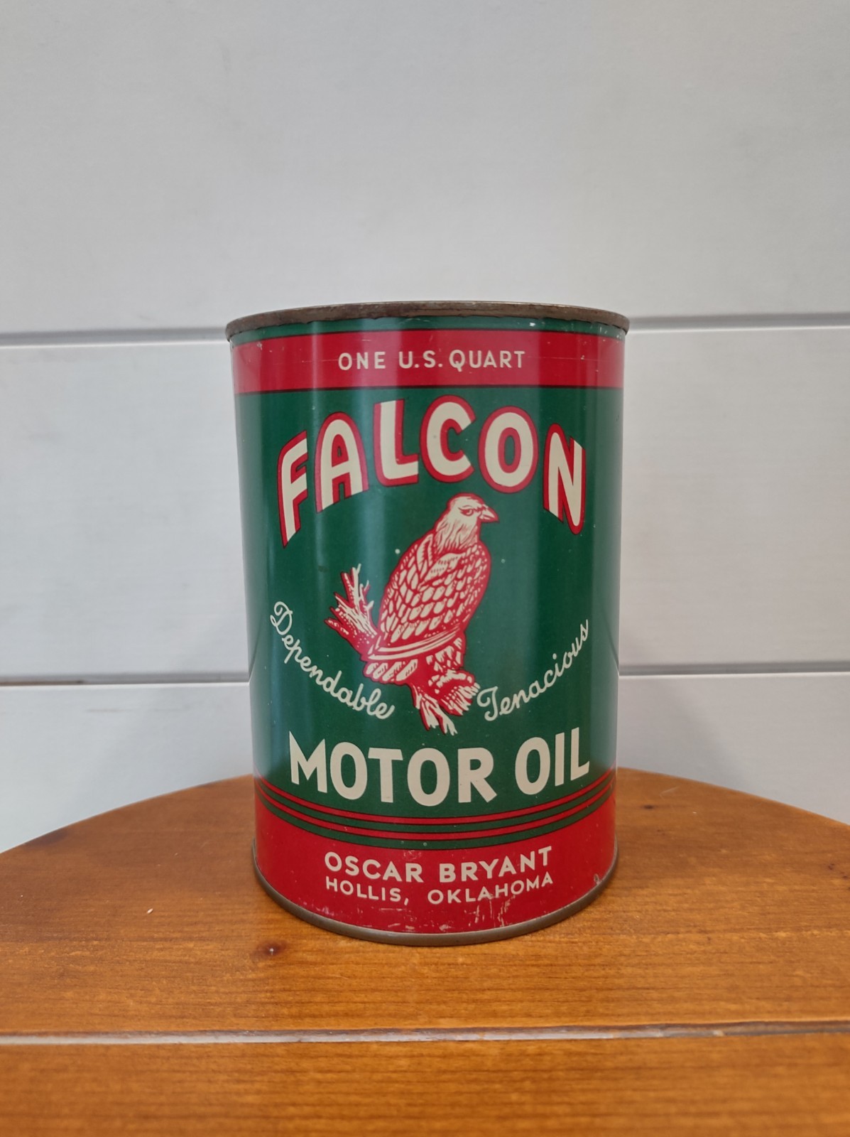 Vintage Falcon Motor Oil Can Quart With Top Lid Metal Advertising Graphics Empty