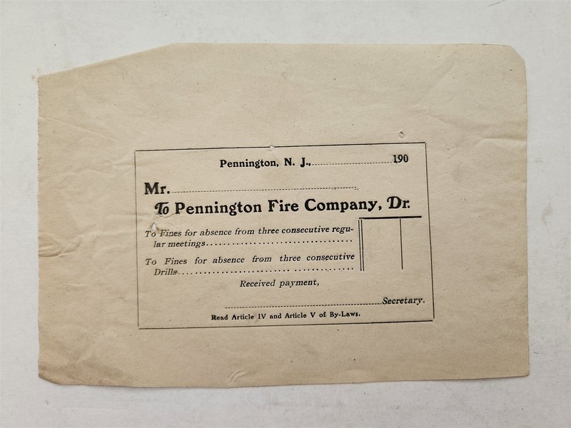 c.1900 antique PENNINGTON FIRE COMPANY nj ABSENCE fines receipt