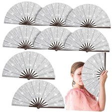 9 Pcs Large Glitter Rave Fan Decoration Foldable Bamboo Folding Hand Silver