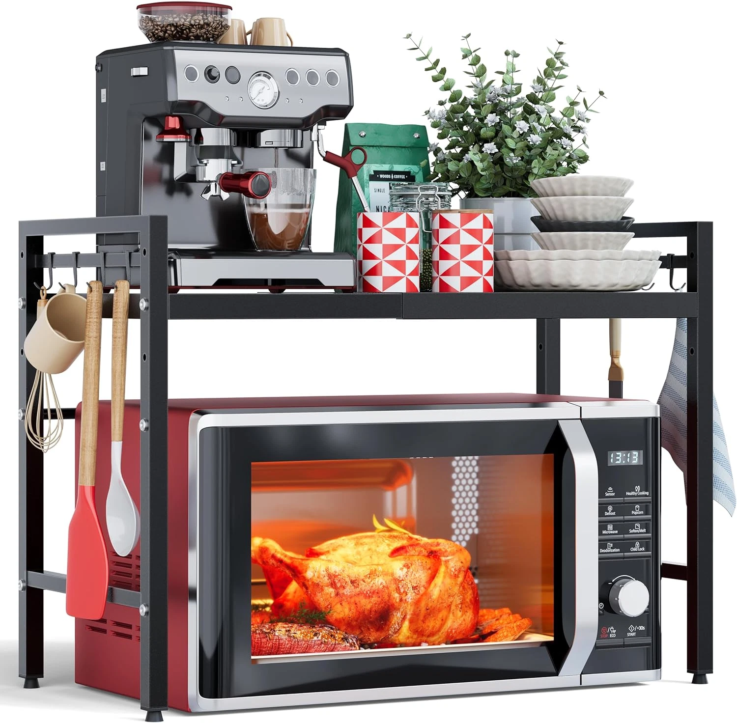 Expandable Microwave Stand, 2 Tier Metal Kitchen Countertop Organizer Shelves