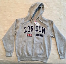London England Full Zip Up Gray GB Flag Hoodie Sweatshirt Large BNWT