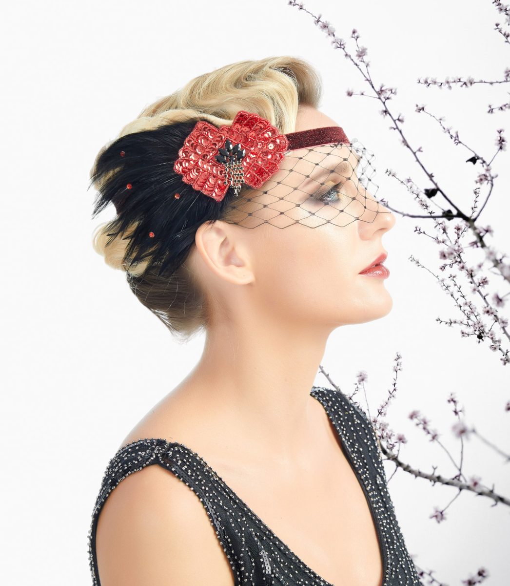 1920s Flapper Red Headband Black Feather Sequins Net 